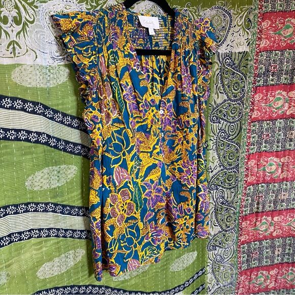 Cleobella Multicolored Chloe Indoblockprint Button Down Blouse Size Medium - Picture 9 of 14